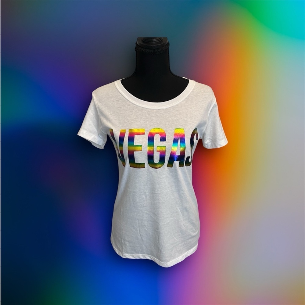 Ideal T Vibrant White Tee with Rainbow 'Vegas' Design Size M